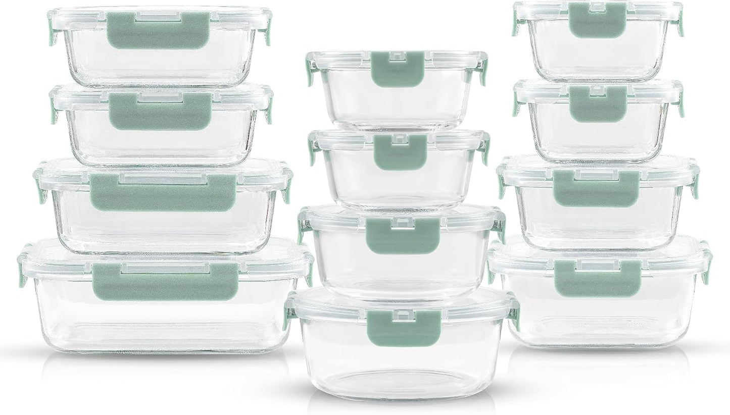JoyJolt 24pc Borosilicate Glass Storage Containers with Lids | 12 Airtight/Freezer Safe Food Storage Containers for Pantry and Kitchen | Meal Prep Container for Lunch | Glass Tupperware Set
