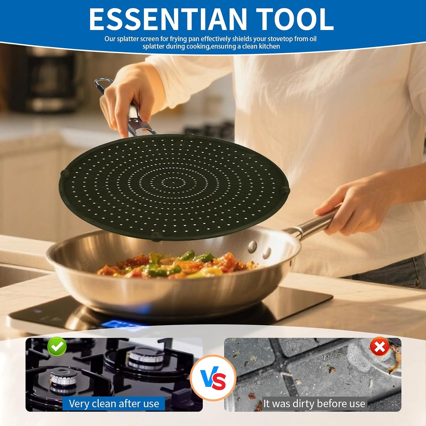 Splatter Screen Compatible with Hexclad,Silicone,12.5 Inches | Heat Resistant,with Folding Handle,Grease-Free Cooking,Dishwasher Safe,12.5 Inches,Black