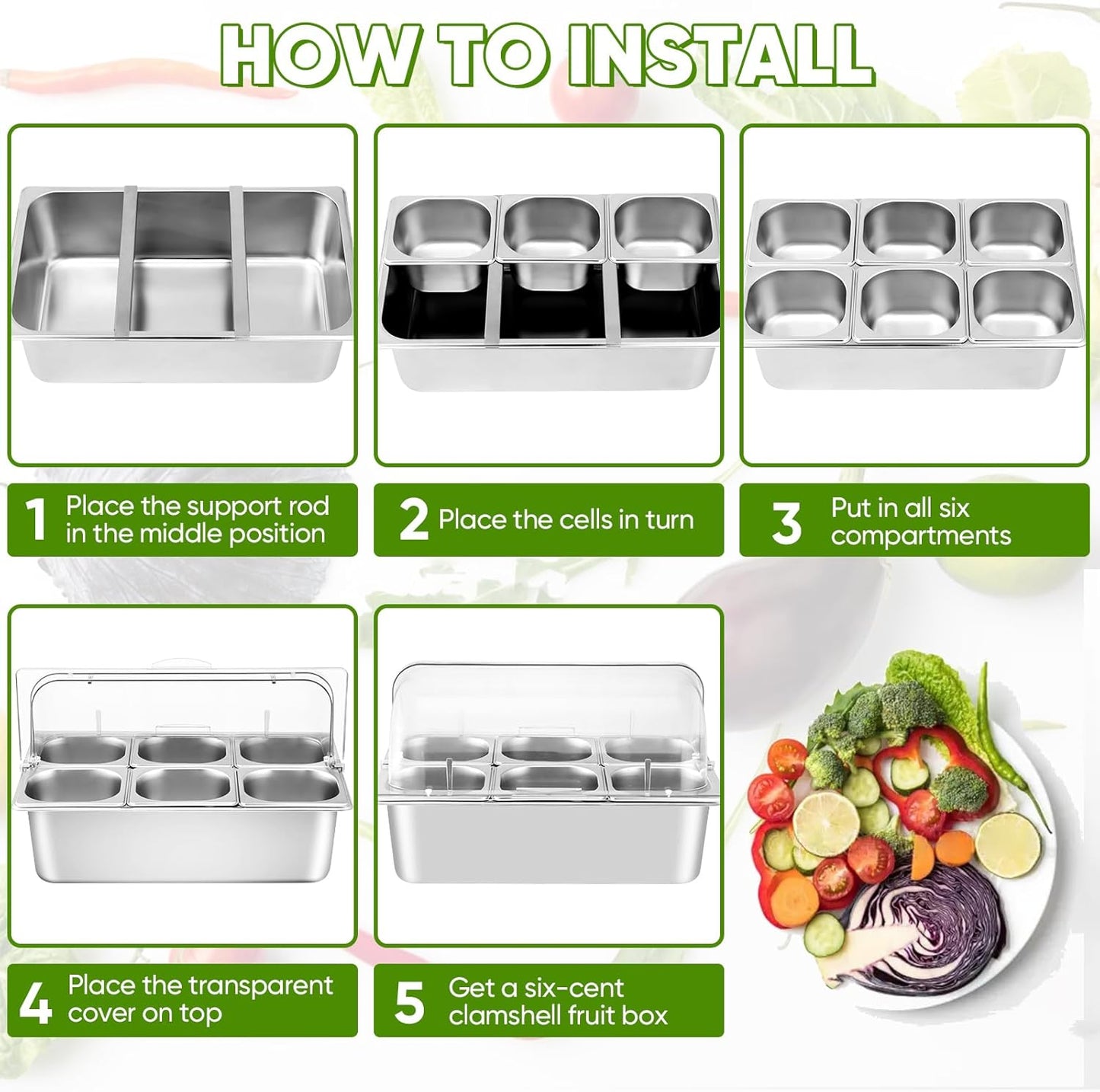 Countertop Food Serving Display Container with Clear Roll Top Cover, Stainless Steel Serving Tray Buffet Condiment Dispenser Ice Cooled Food Display Rack Pans(6 Pan)