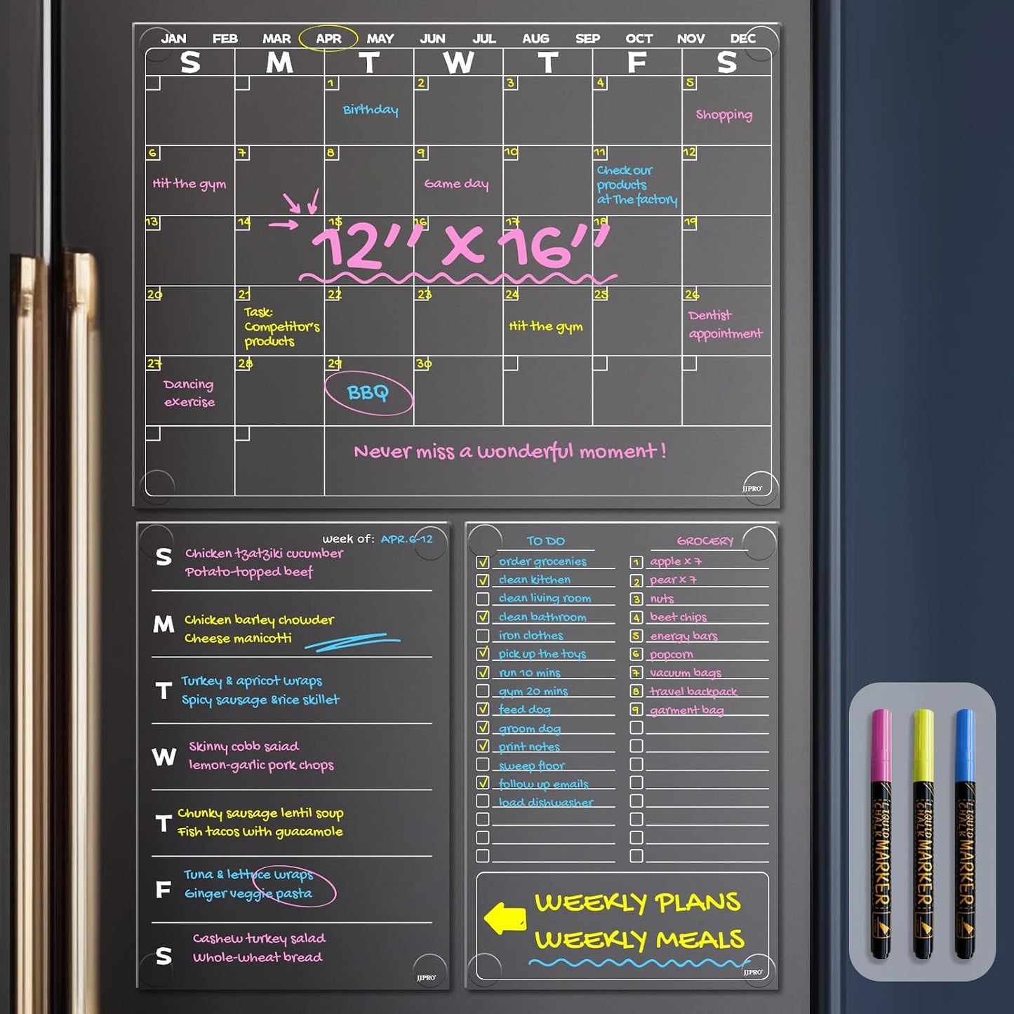 JJPRO Non-Magnetic Dry Erase Calendar for Fridge, Clear Monthly Calendar, Weekly Daily Meal Board Bundle -Starts Sunday,12"x16" Clear Reusable Calendar Stick to Fridge,Wall, All Smooth Surfaces
