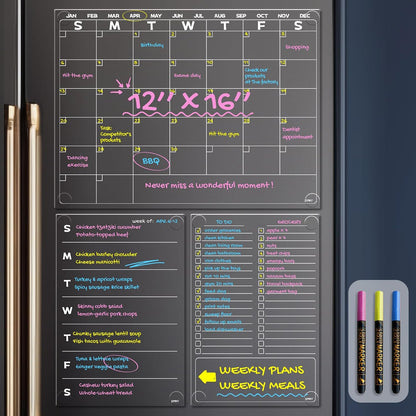 JJPRO Non-Magnetic Dry Erase Calendar for Fridge, Clear Monthly Calendar, Weekly Daily Meal Board Bundle -Starts Sunday,12"x16" Clear Reusable Calendar Stick to Fridge,Wall, All Smooth Surfaces