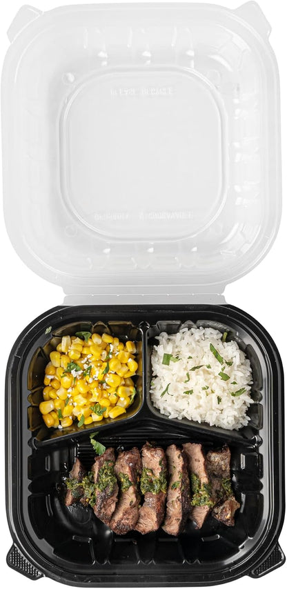 Thermo Tek 40 Ounce Clamshell Containers, 50 Disposable Take Out Boxes - 3 Compartments, Ventilated Lids, Black Plastic Meal Prep Containers, Microwavable, For Pasta Or Salads - Restaurantware