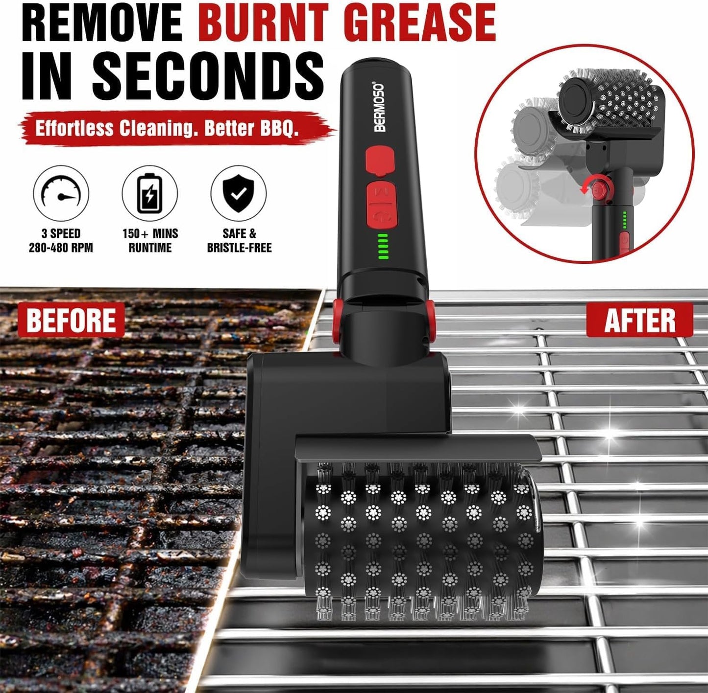 Electric Grill Brush, Cordless BBQ Grill Cleaner Tool With 3-Speed for Burnt Grease, Anti-Shedding Safe Wire, 150+ Min Runtime & Waterproof, Effortless Grill Brush for Backyard Barbecue Outdoor Grills