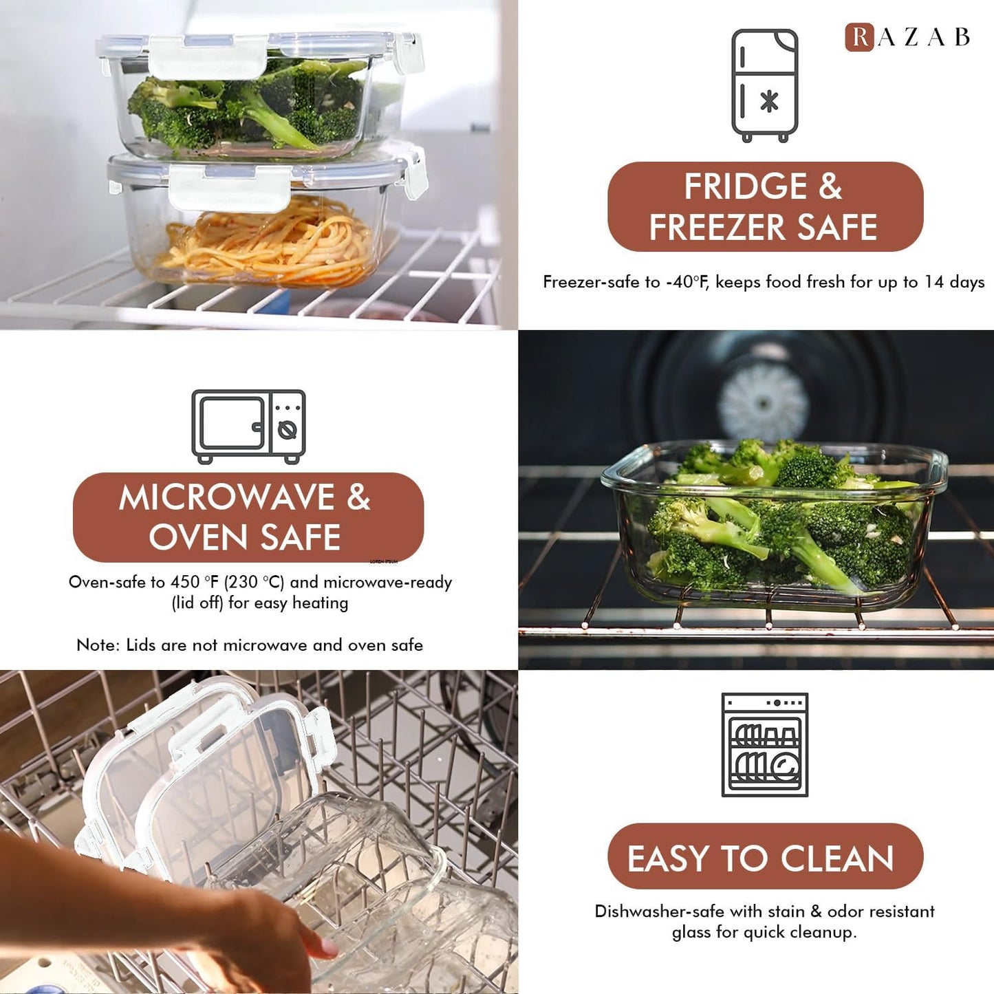 Razab 2 PC 1200ML / 41 Oz Glass Food Storage Containers with Lids - Airtight & Leakproof - Microwave/Oven/Freezer Safe - BPA Free - Ideal for Meal Prep, Storing Leftover & Lunch