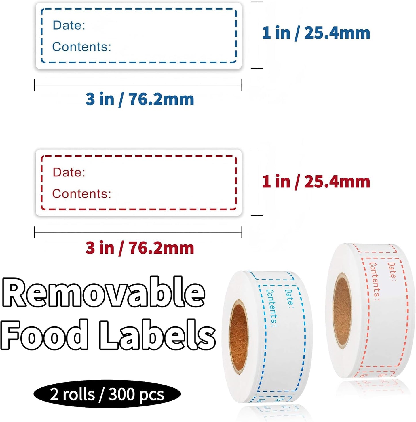 HUOJI 300pcs Removable Food Labels, 1'' x 3'' Date Stickers for Freezer, Refrigerator Food Containers, No Residue(2 Rolls, 2 Colors)