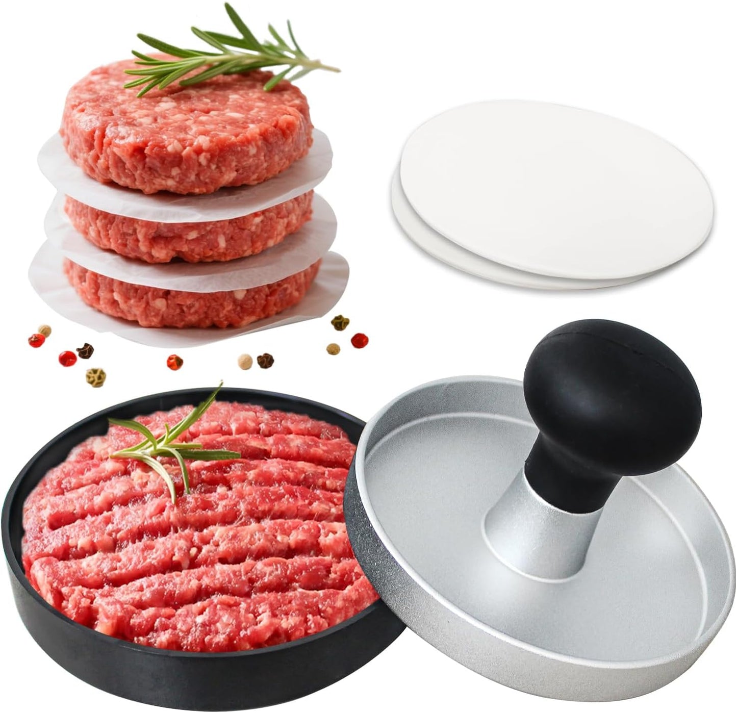 Burger Press Patty Maker Stainless Steel Hamburger Patty Press Mold Wood Handle Non-Stick with 100 Patty Papers,BBQs, and Cooking – Perfect for Flattening Patties and Searing Juicy Burgers