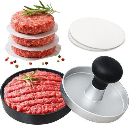 Burger Press Patty Maker Stainless Steel Hamburger Patty Press Mold Wood Handle Non-Stick with 100 Patty Papers,BBQs, and Cooking – Perfect for Flattening Patties and Searing Juicy Burgers