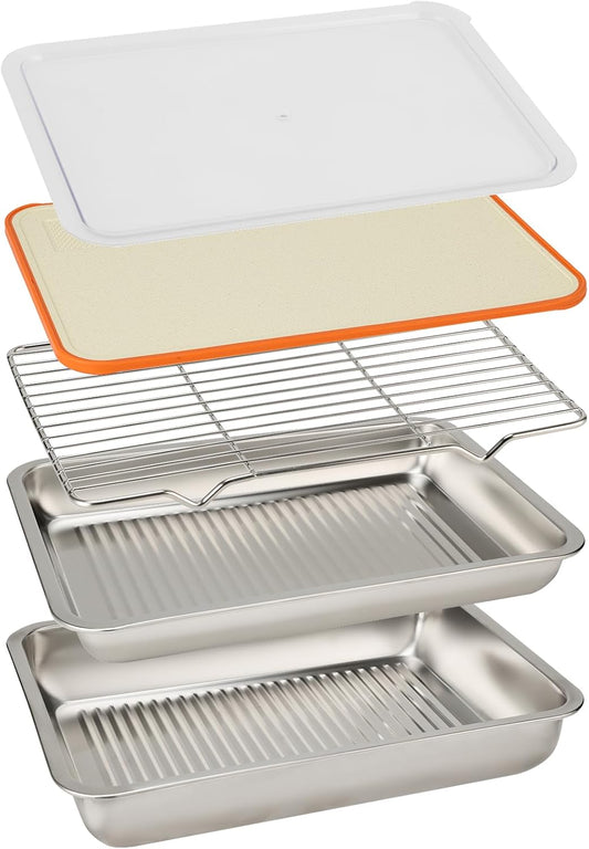 Grilling Gifts for Family: 5-in-1 Outdoor BBQ Food Prep Tray & Carry System, Meat Marinating Container with Lid, Cutting Board & Rack, Metal Cooked Meat Platter Serving Accessories