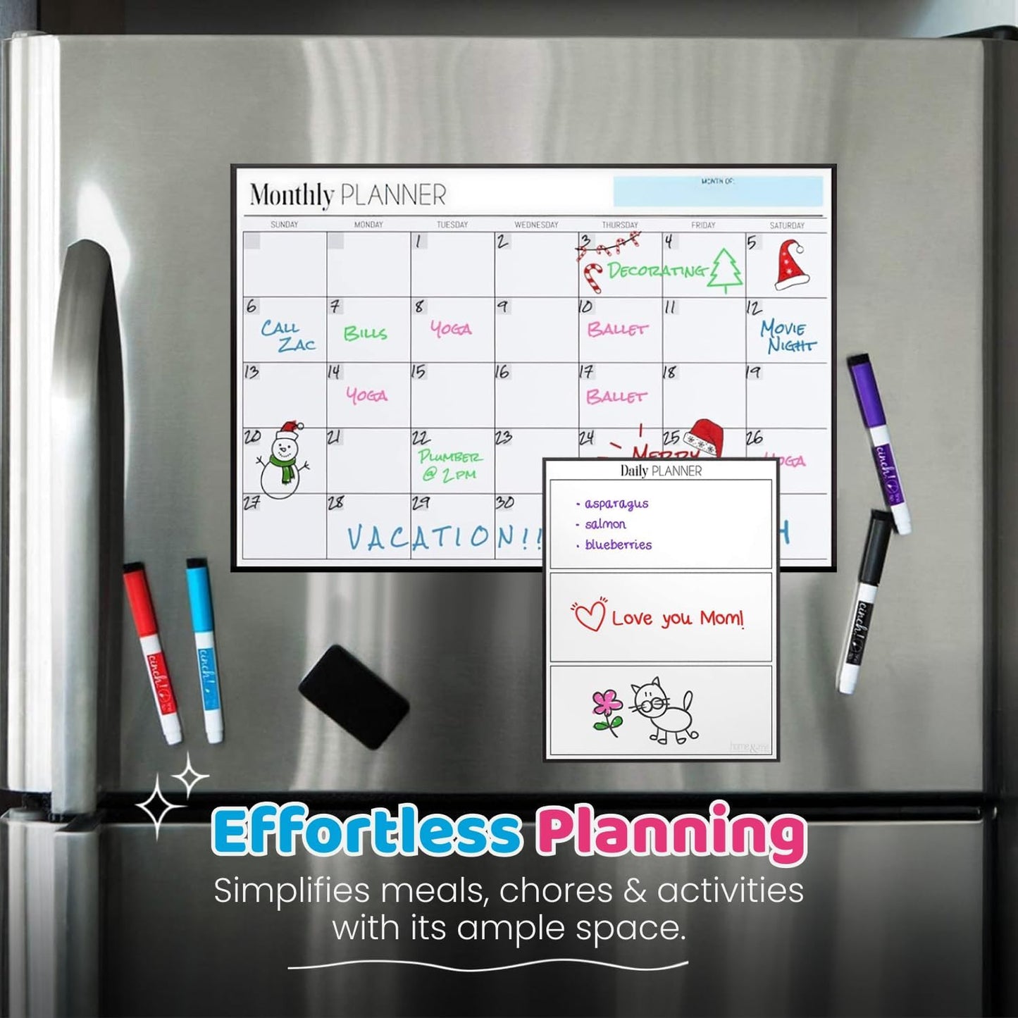 Cinch! Magnetic Calendar Bundle of 3 - Monthly, Weekly, Daily Planning Dry Erase Boards for Fridge - Magnetic Fridge Calendar Whiteboard Set with 6 Fine Tip Markers, Large Eraser, and Magnets