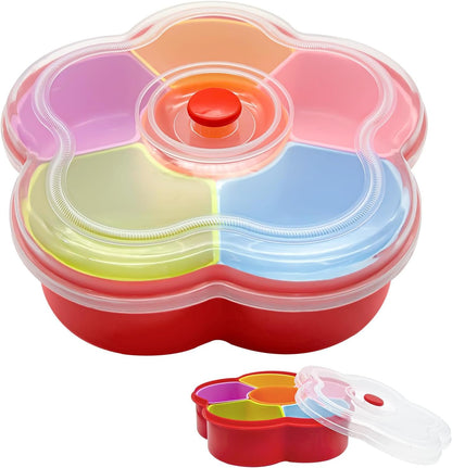 Snack Serving Tray, 6 Compartments Divided Snackle Reusable Veggie Container with Lid, Colored Flower Shaped Large Fruit Trays, Candy and Nut Snack Tray Appetizer Platter for Party, Travel
