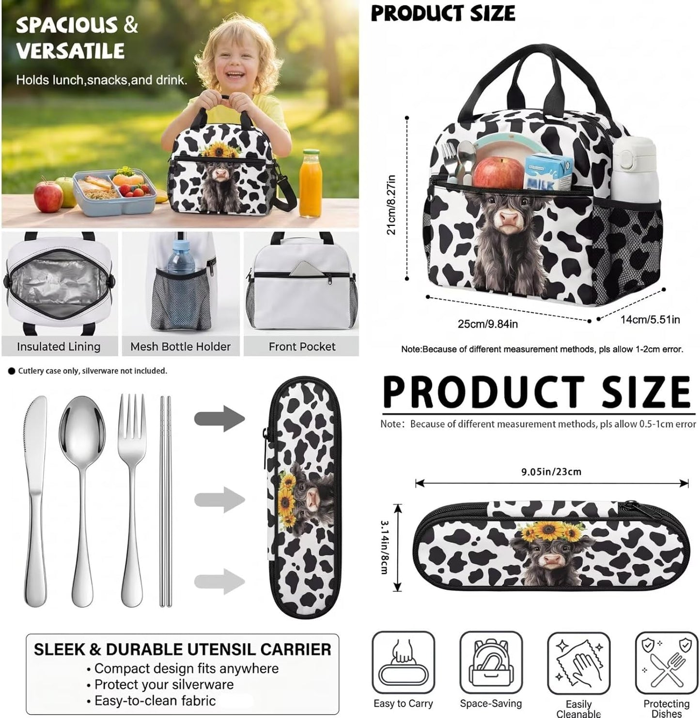 Highland Cow Backpack with Lunch Box Set for Kids Sunflower School Backpack for Girls Boys Back to School Bag Student Travel Backpacks Reusable Utensils Pen Case Water Bottle Bag 5PCS