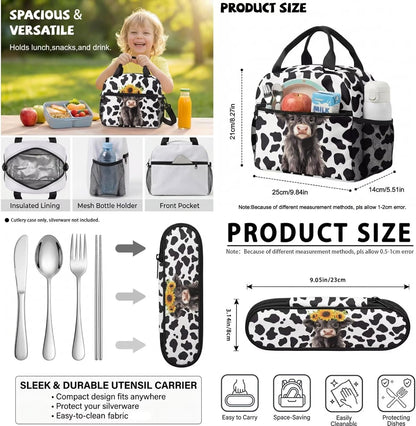 Highland Cow Backpack with Lunch Box Set for Kids Sunflower School Backpack for Girls Boys Back to School Bag Student Travel Backpacks Reusable Utensils Pen Case Water Bottle Bag 5PCS