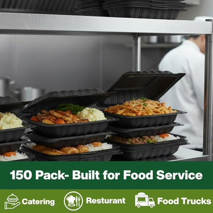9x9 3-Compartment Hinged Vented Food Containers, 50 Pack – Clamshell Takeout Containers, Meal Prep Food Storage, 3 Compartment Food Containers, To Go Boxes & Cake Slice Box - Black
