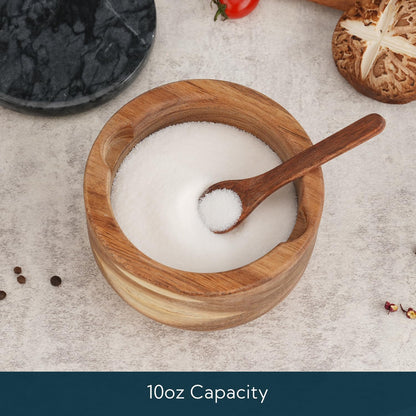 KITCHENDAO Large Acacia Salt Cellar Box Bowl with Built-in Spoon and Marble Lid, Solid Natural Acacia Wood Bath Sea Salt Container, Grey Marble Lid, Pepper Sealer Pinch Bowl, 10oz Capacity