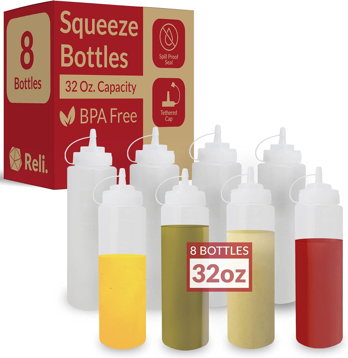 Reli. Plastic Squeeze Bottles 32 oz. | 8 Pack | Clear w/Tethered Caps