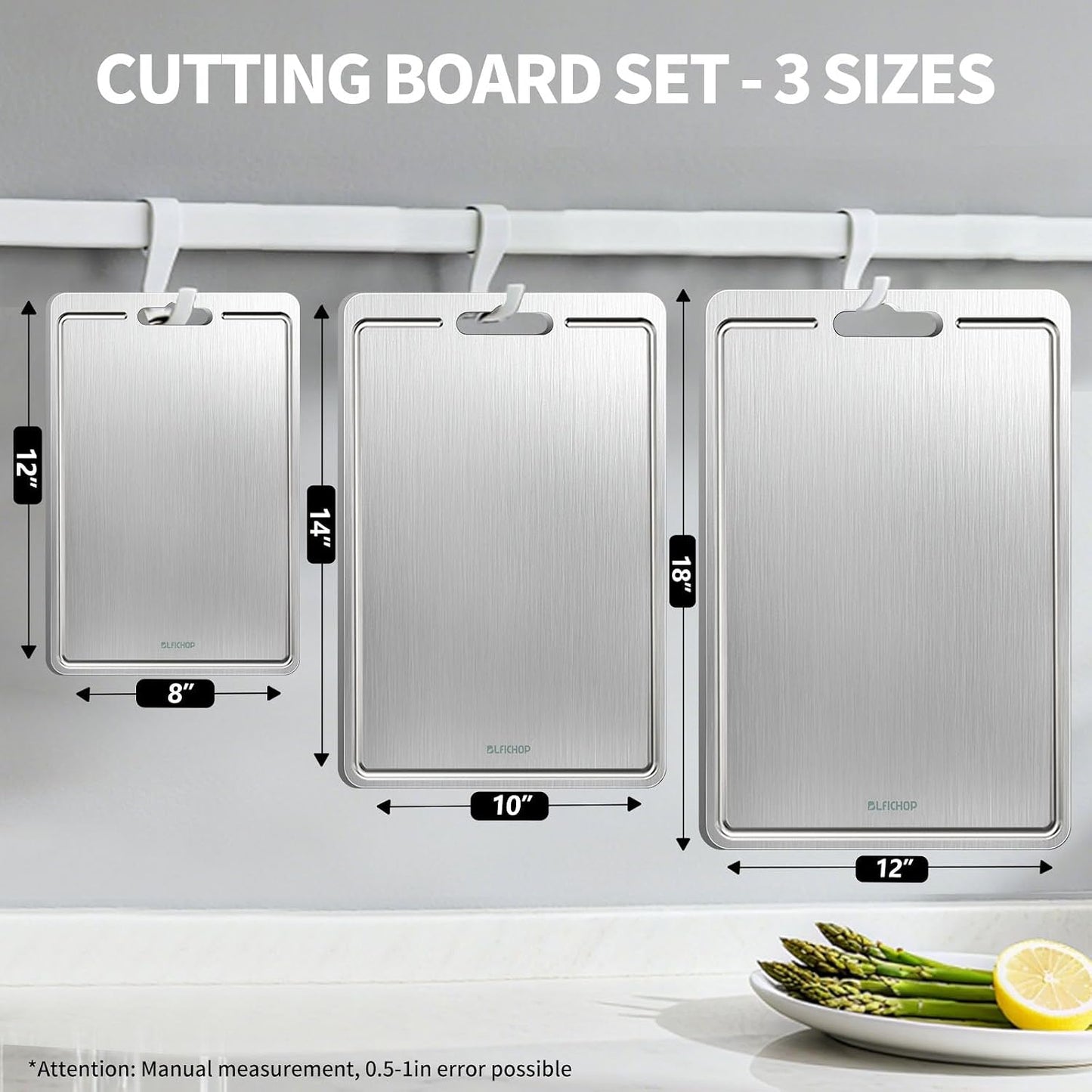 3pcs 100% Pure Titanium Cutting Boards with Juice Groove, Double-Sided Non-Toxic Chopping Boards for kitchen Meat, Vegetables and Fruits, Dishwasher Safe, Grey