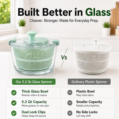 Large 5.2 Qt Glass Salad Spinner with Storage Lid Glass Bowl Black