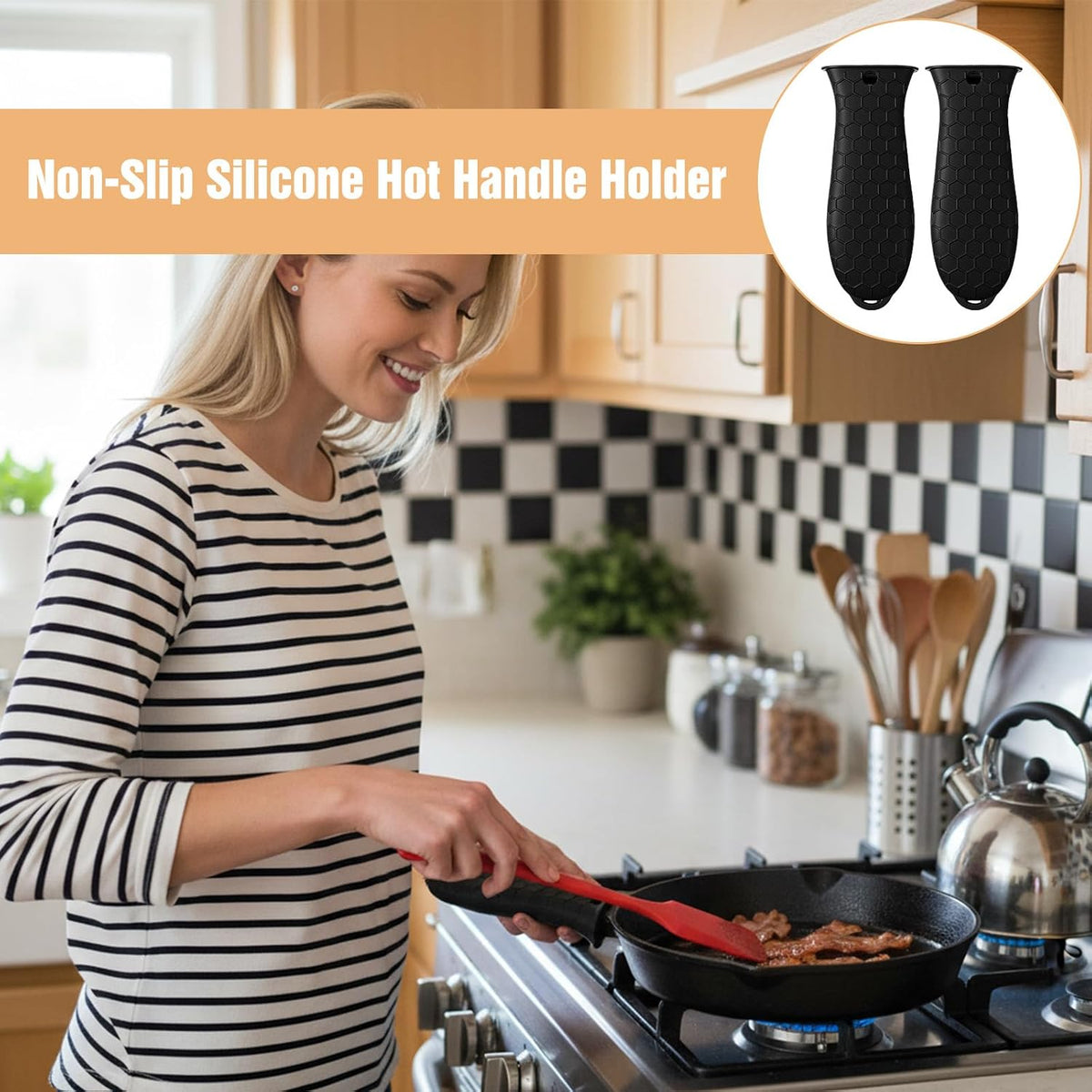 2Pcs Silicone Pot Holders Set Cast Iron Pan Handle Covers, Heat Resistant Pot Handle Sleeve Reusable Non-Slip Handles Protectors for Cast Iron Pots, Woks, Frying Pans, Griddles, Skillets, Oven(Black)