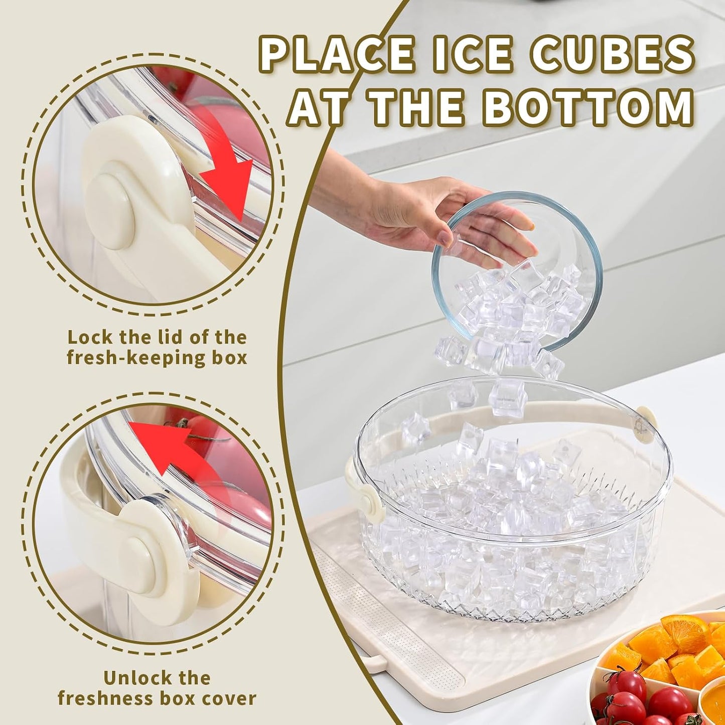 Fruit Ice Divided Serving Tray with Lid and handle,Chilled Veggie Tray,Shrimp Cocktail Serving Dish,Ideal Cold Chilled Serving Platter for Parties,Vegetables,Appetizer,Salads,Picnic,Appetizers,Travel