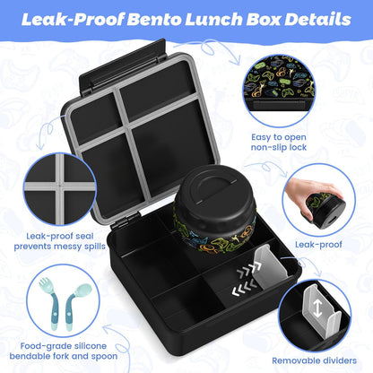 Kids Bento Lunch Box with Thermos, Leakproof Toddler Bento Box with 9 OZ Insulated Food Jar, Lunch Bag & Utensils 3 or 4 Compartment Container for School Girls Boys