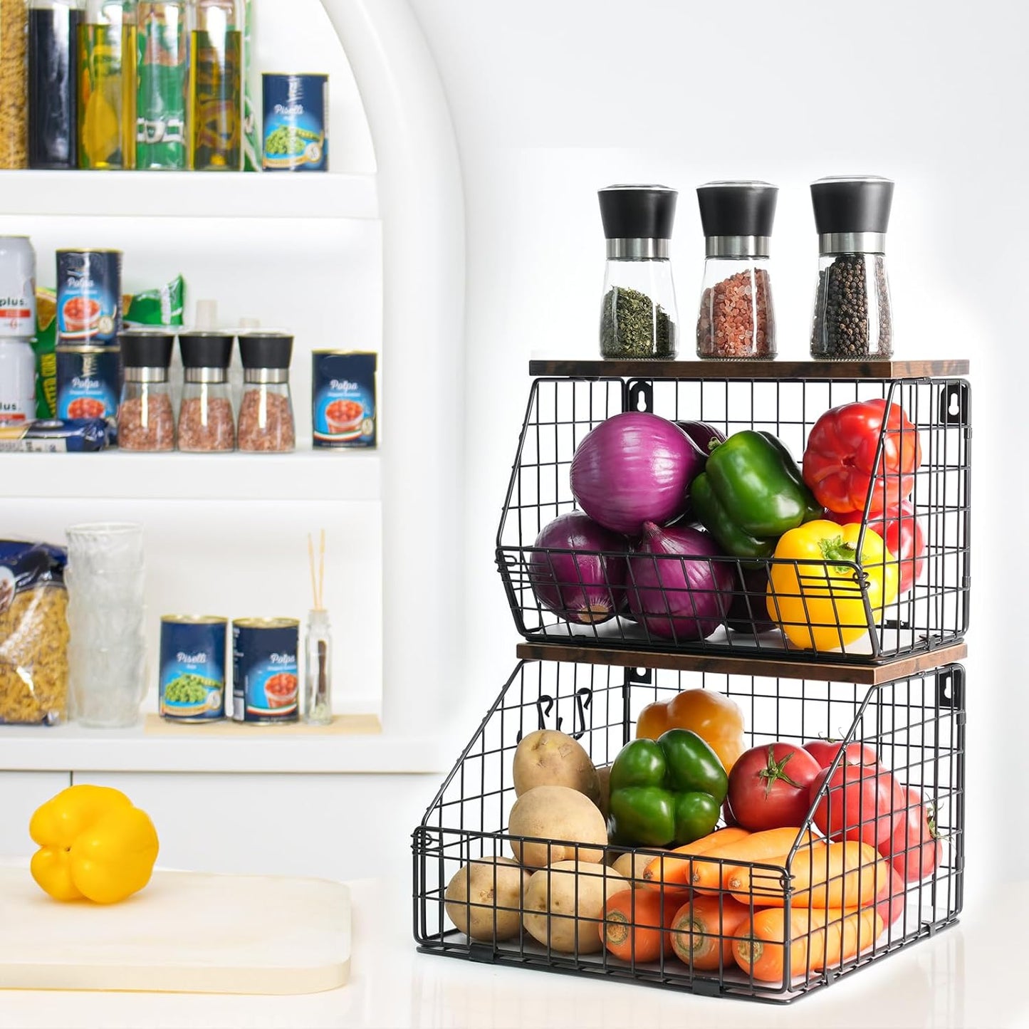 Mefirt Fruit Basket, 2-Tier Fruit Bowl for Kitchen Counter, Stackable Wall Mounted Fruit Storage, Snack Organizer, Potato and Onion Storage Basket, Hanging Pantry Storage with Wood Lid, 2 Set, White