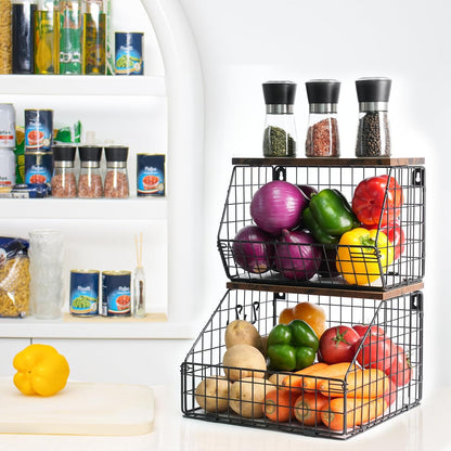 Mefirt Fruit Basket, 2-Tier Fruit Bowl for Kitchen Counter, Stackable Wall Mounted Fruit Storage, Snack Organizer, Potato and Onion Storage Basket, Hanging Pantry Storage with Wood Lid, 2 Set, White