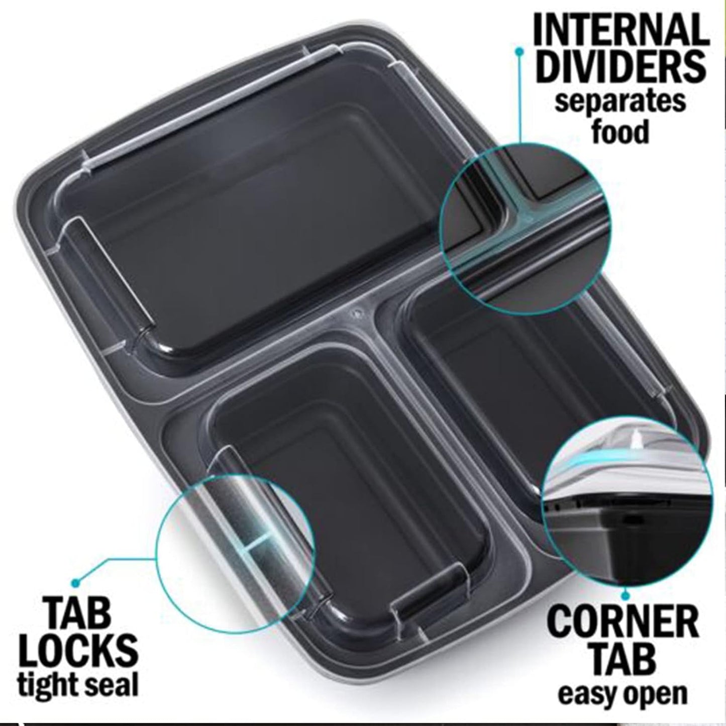 MORDEN MS Meal Prep Container With Lids, 50 Pack 3 Compartment Reusable Food Storage Container Divided Plastic Bento Box Lunch Box To-go Boxes(33oz)