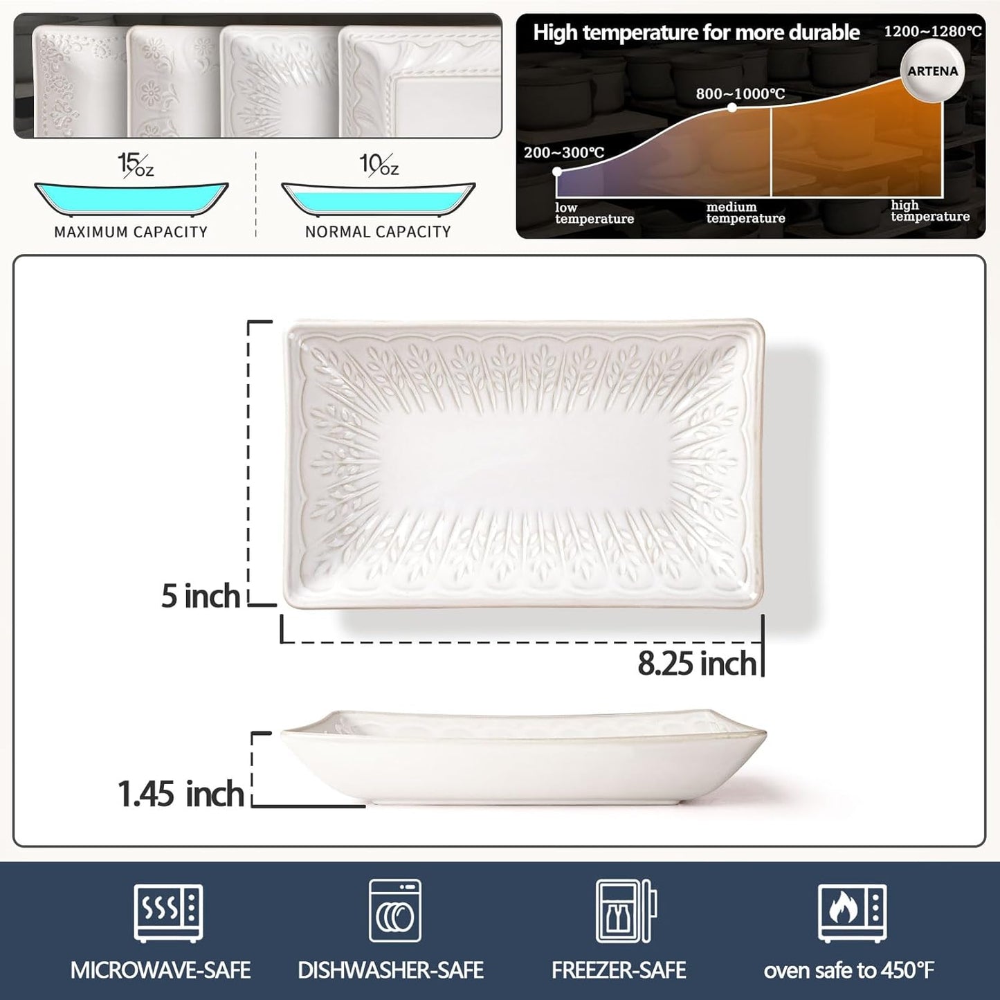 Artena 9.85" Ceramic Rectangle Plates Set of 4 - Deep Lipped Edges, Appetizer Salad Sushi Pasta Dessert Plates, Microwave/Oven Safe, Cute Kitchen Dinner Restaurant Serving Dishes (Wheat Leaf)