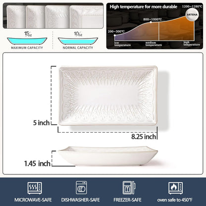 Artena 9.85" Ceramic Rectangle Plates Set of 4 - Deep Lipped Edges, Appetizer Salad Sushi Pasta Dessert Plates, Microwave/Oven Safe, Cute Kitchen Dinner Restaurant Serving Dishes (Wheat Leaf)