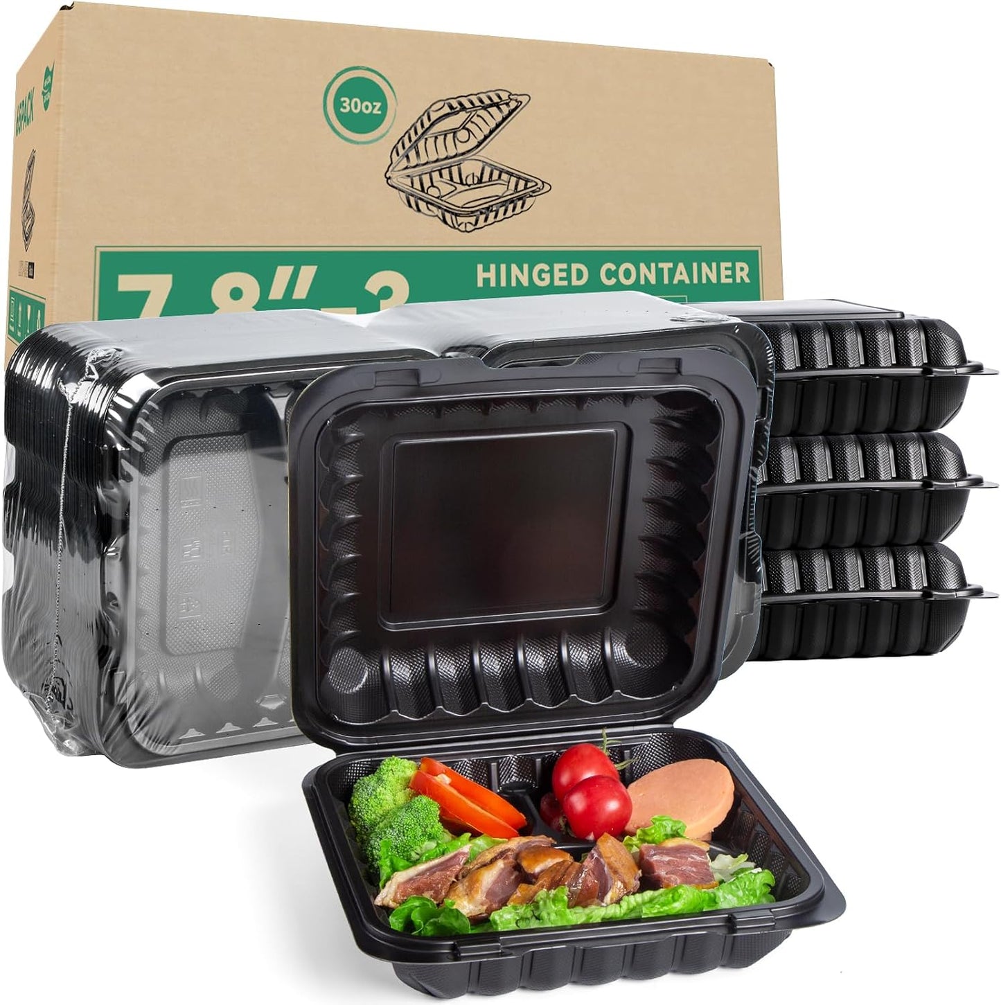 Takeout Container Mineral Filled PP Plastic - 7.8 Inch 30oz 65 Pack BPA Free 3 Compartments Shrink Wrap Bento Box | Freezer & Microwave Safe for Picnic | Black Reusable & Disposable Containers