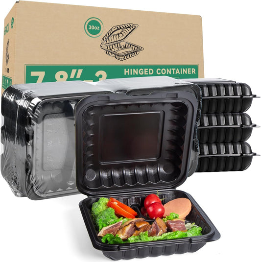 Takeout Container Mineral Filled PP Plastic - 7.8 Inch 30oz 65 Pack BPA Free 3 Compartments Shrink Wrap Bento Box | Freezer & Microwave Safe for Picnic | Black Reusable & Disposable Containers