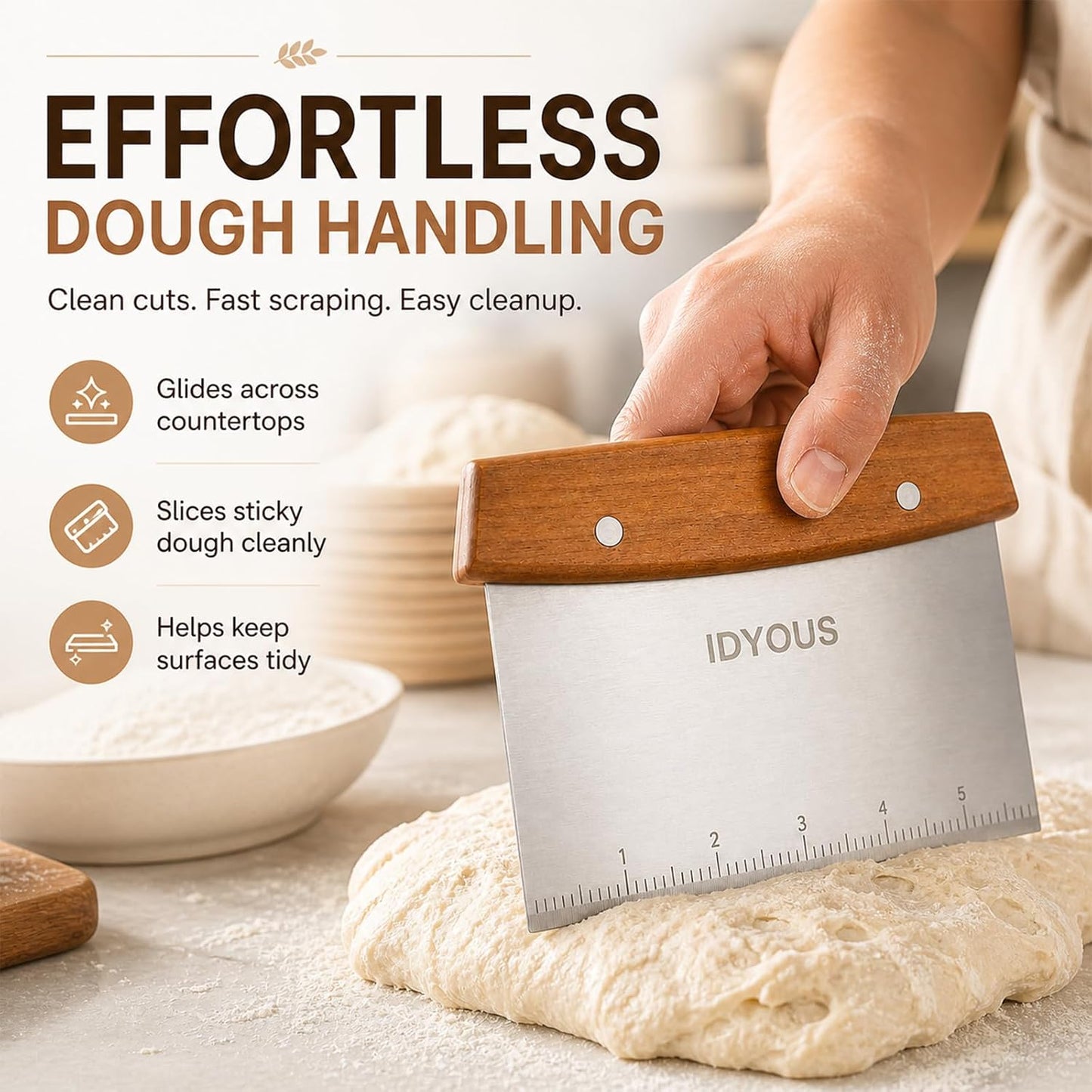 Multipurpose Bench Scraper and Dough Cutter, Stainless Steel Griddle Scraper Chopper with Measurement Marks, Kitchen Tool for Flat Top Grill, Bread, Pizza and Baking