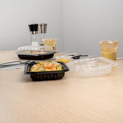 Thermo Tek 40 Ounce Clamshell Containers, 50 Disposable Take Out Boxes - 3 Compartments, Ventilated Lids, Black Plastic Meal Prep Containers, Microwavable, For Pasta Or Salads - Restaurantware