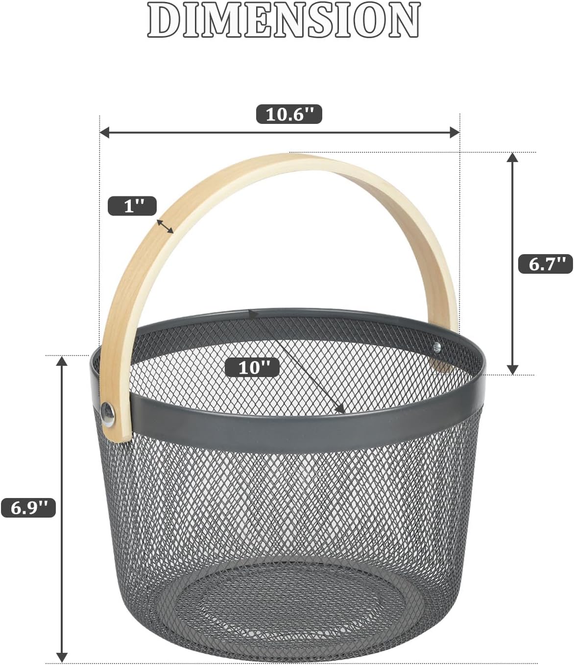 IBWell Bucket-Shape Metal Wire Woven Fruit Storage Bowl Basket with Wooden Handle, Large Black Mesh Fruit Stand, Multi-function Hanging Kitchen Baskets (Blue Grey)
