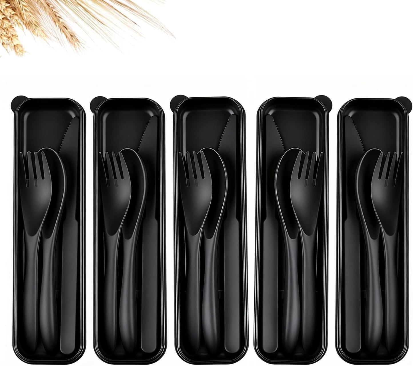 Travel Utensils Set - Reusable 5 Sets Wheat Straw Plastic Cutlery with Case, Portable Forks Spoons and Knives Set, Eco-Friendly BPA Free for Daily Use (5 Purple)