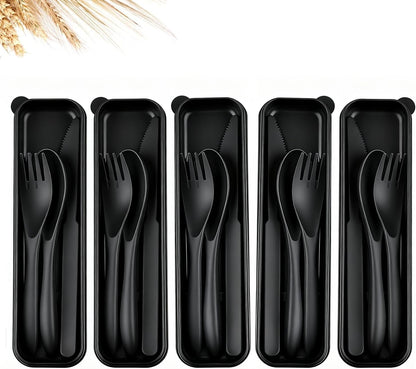 Travel Utensils Set - Reusable 5 Sets Wheat Straw Plastic Cutlery with Case, Portable Forks Spoons and Knives Set, Eco-Friendly BPA Free for Daily Use (5 Purple)