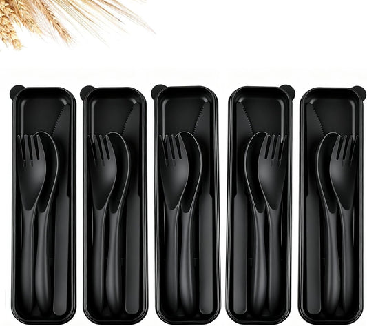 Travel Utensils Set - Reusable 5 Sets Wheat Straw Plastic Cutlery with Case, Portable Forks Spoons and Knives Set, Eco-Friendly BPA Free for Daily Use (5 Purple)