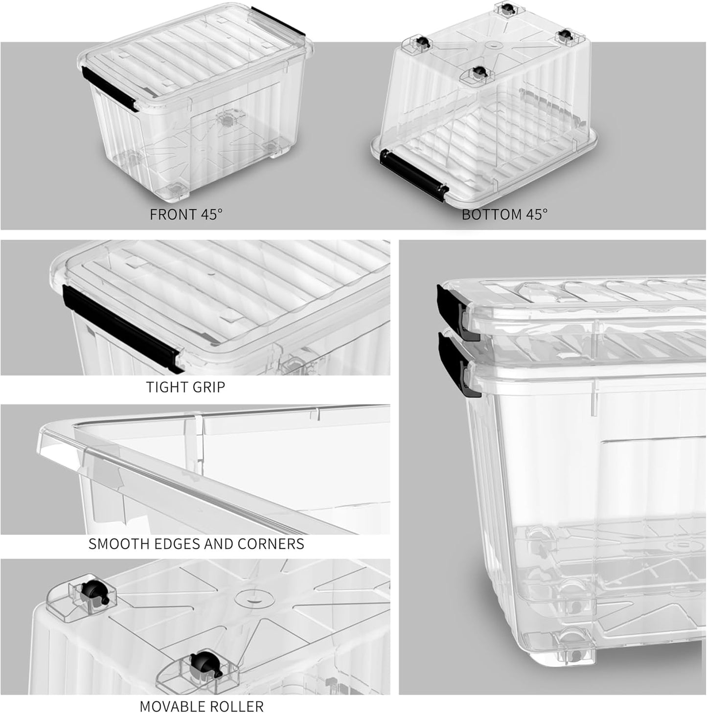 Cetomo 60Qt*6 Plastic Storage Bins, Storage Box, 6 Pack, Organizing Container with Wheels, Durable Lids and Secure Latching Buckles, Stackable and Nestable, Clear with Black Buckle