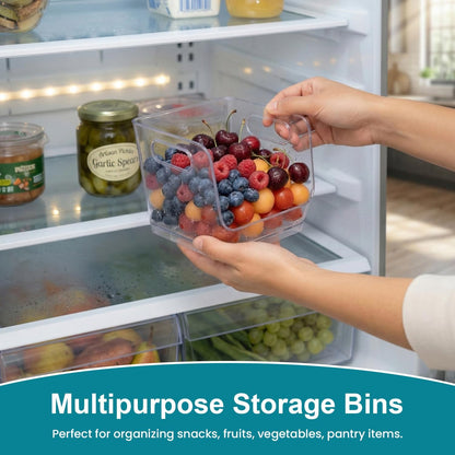 Basicwise 9-Inch Open-Front Clear Storage Bin with Easy-Grip Handle Stackable Transparent Plastic Organizer Container for Pantry Cabinet Refrigerator Drawers Closets and Shelf Organization, Medium