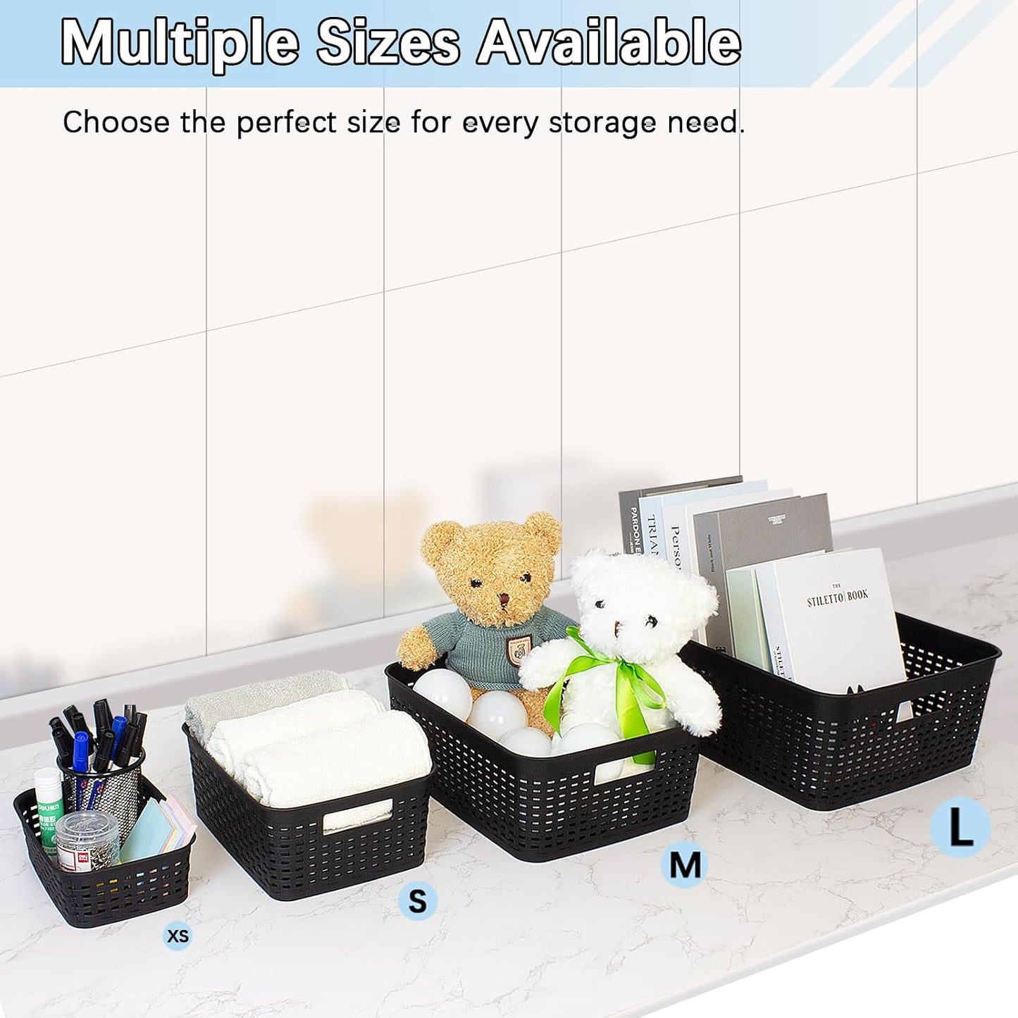 Soddeph Plastic Storage Baskets for Cabinets, Household Pantry Organization with Handle,Organizer Bins for Room,Bathrooms,Under-Sink,Kitchen (White, L-3PACK)