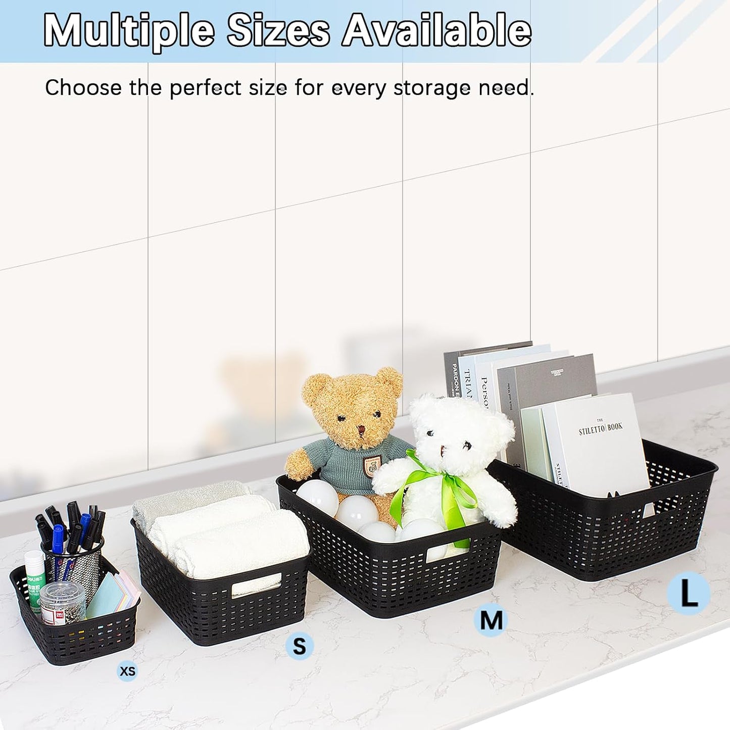 Soddeph Plastic Storage Baskets for Cabinets, Household Pantry Organization with Handle,Organizer Bins for Room,Bathrooms,Under-Sink,Kitchen (Black, L-3PACK)