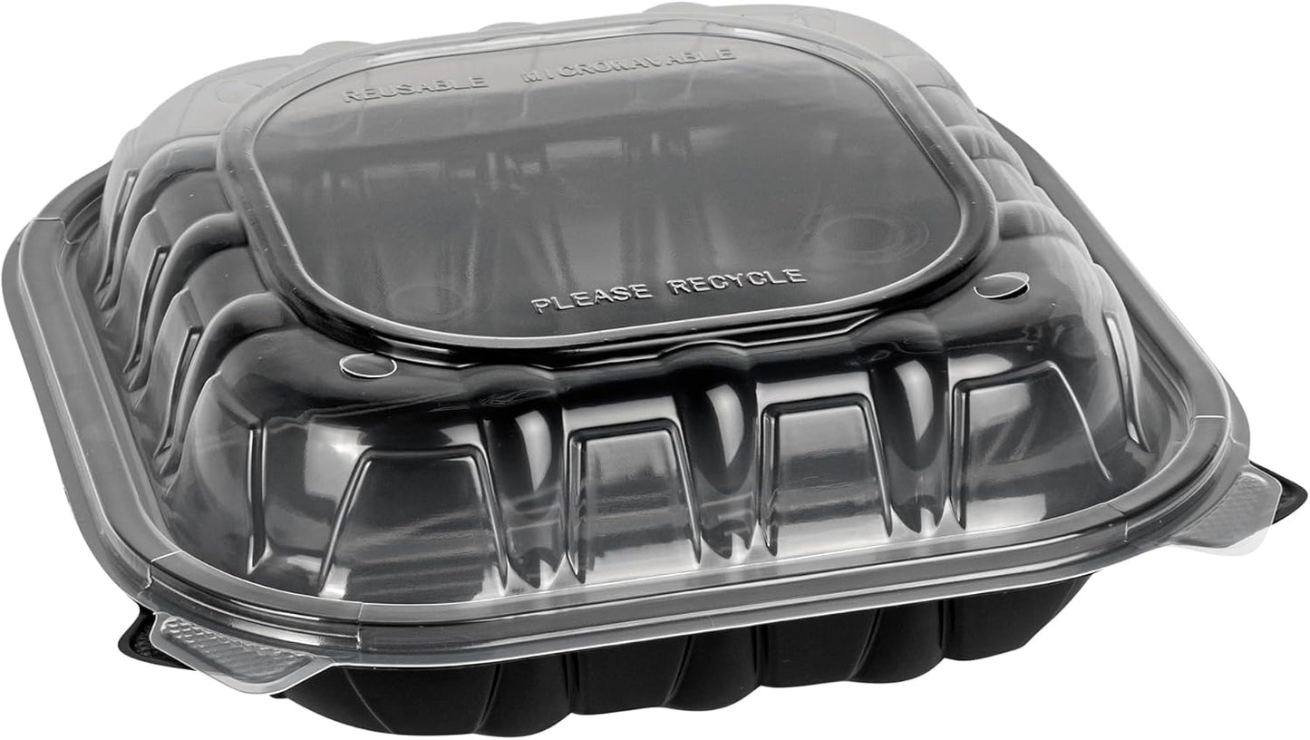 Thermo Tek 40 Ounce Clamshell Containers, 50 Disposable Take Out Boxes - 3 Compartments, Ventilated Lids, Black Plastic Meal Prep Containers, Microwavable, For Pasta Or Salads - Restaurantware