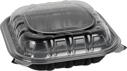 Thermo Tek 40 Ounce Clamshell Containers, 50 Disposable Take Out Boxes - 3 Compartments, Ventilated Lids, Black Plastic Meal Prep Containers, Microwavable, For Pasta Or Salads - Restaurantware
