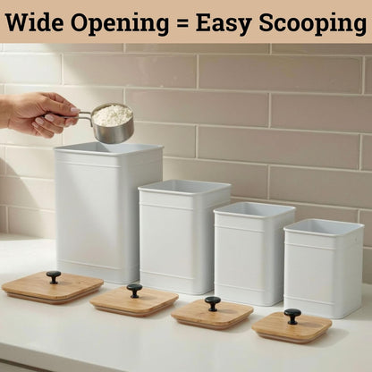 Kitchen Canisters for Countertop Set of 4 w/ Chalkboard Labels & Marker Pen | Airtight Easy Open Bamboo Lids, Dent-Resistant Thick Metal, Customizable Chalkboard Labels, Marker Pen Included, Set of 4