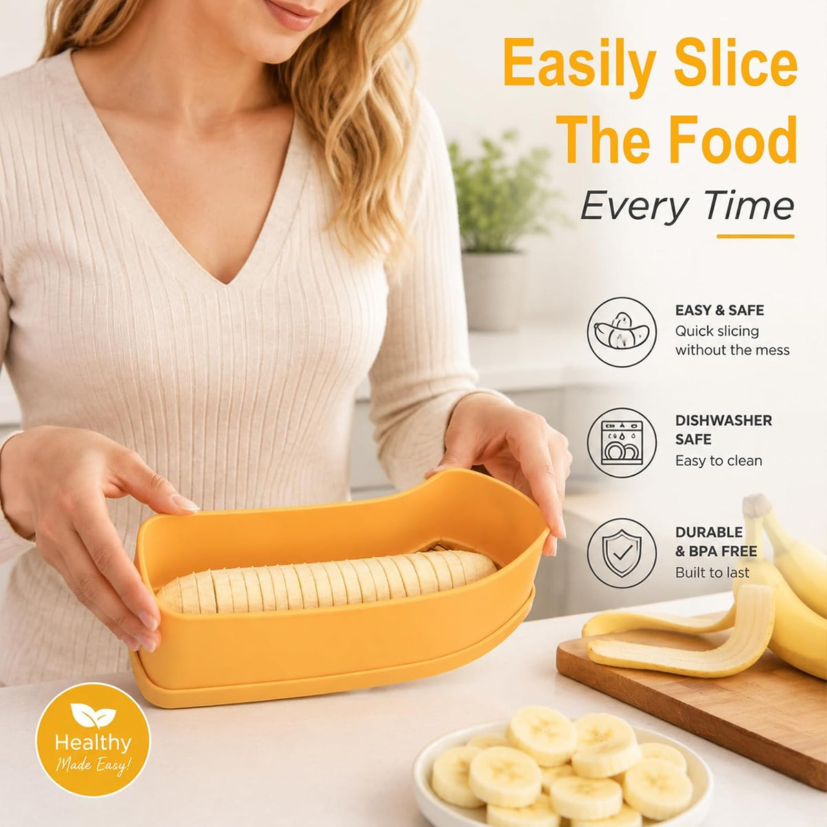 Extra Large One Press Banana Cutter, Multi Fruit & Egg Slicer