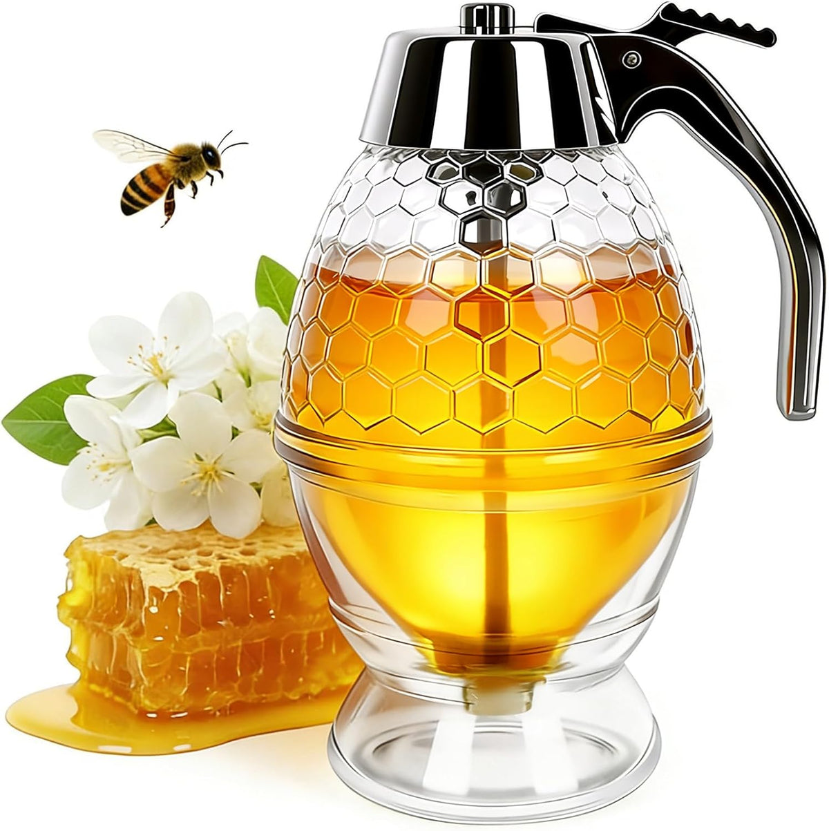 Honey Dispenser, No Drip Glass with Stand, Maple Syrup Honey Container, Elegant Honeycomb Design for Home Decor for Any Occasion