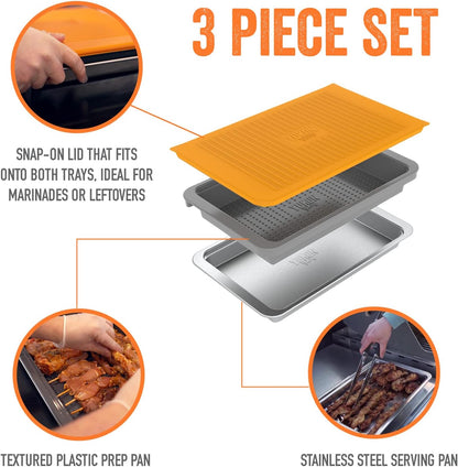 PREP ‘N Serve Premium Set™ - Plastic Container with Lid for Marinades, Stainless Steel Serving Tray, Aluminum Defrosting Tray, and a Plastic Cutting Board - the Ultimate BBQ Food Prep Utensil Set