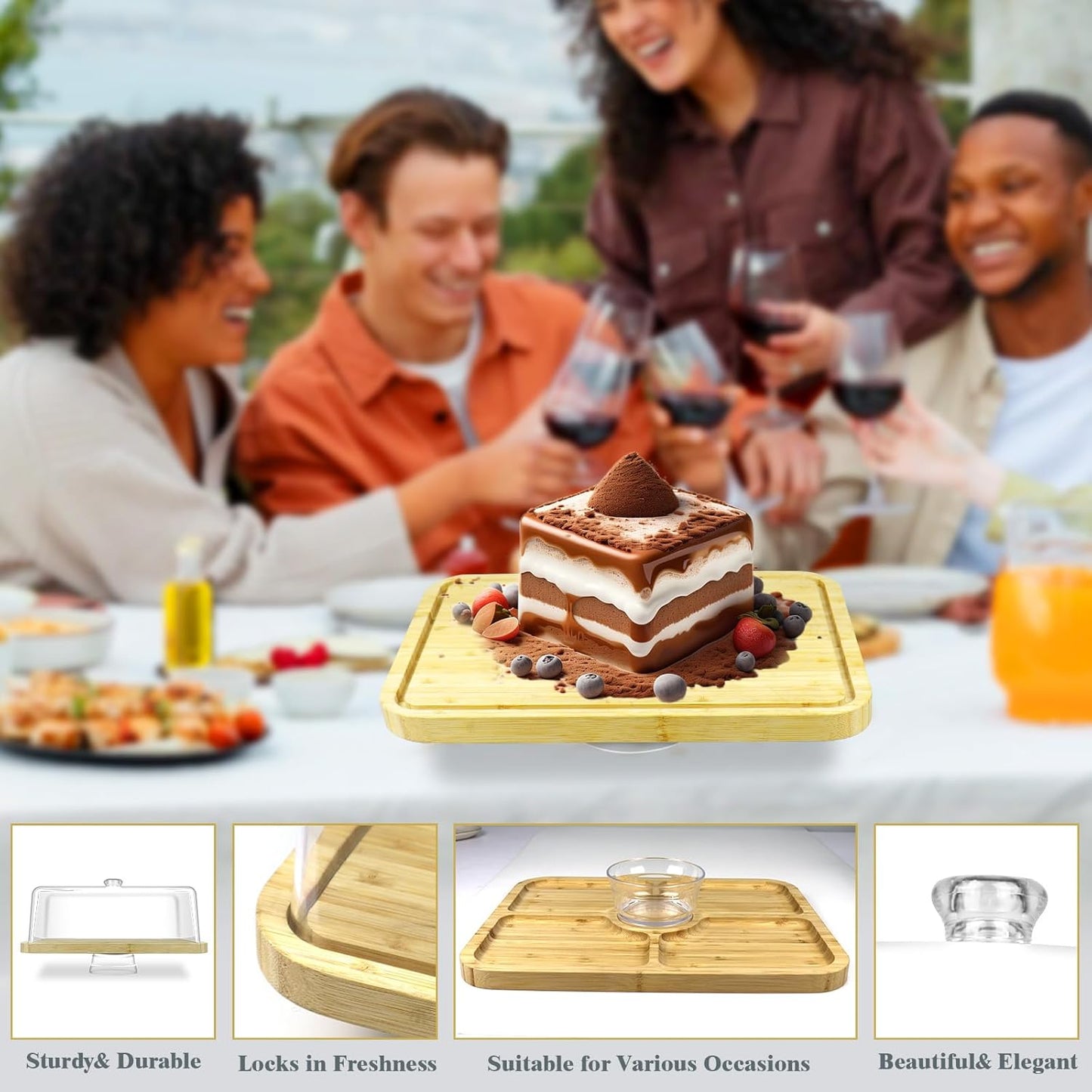 cutesun Cake Stand with Lid, 10.8'' Shatterproof Acrylic Dome (Not Glass), 11.8'' Rotating Acacia Wood Cake Display Stand for Wedding Birthday Party Dessert