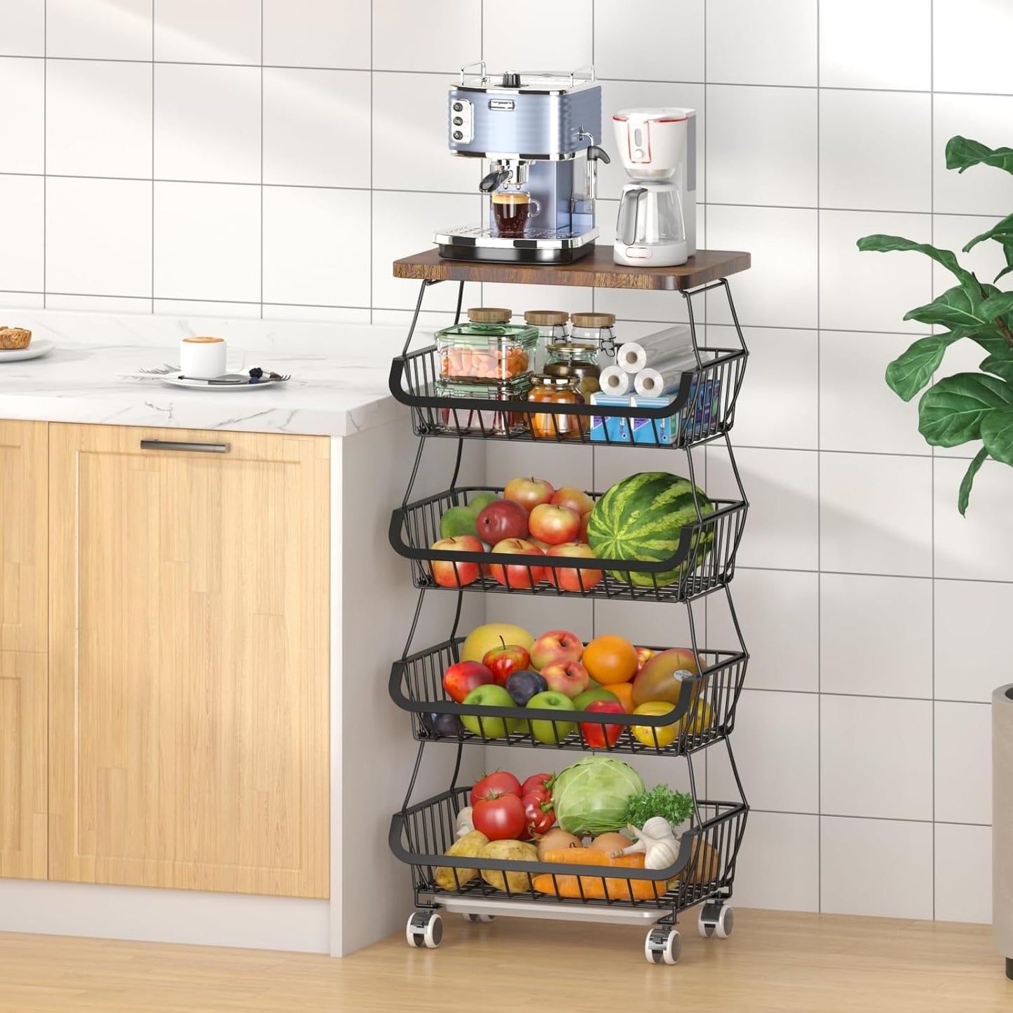 CHLORYARD Fruit Basket with Wooden Lid for Kitchen, 4-Tier Stackable Wire Fruit Vegetable Storage Basket Organizer Stand on Wheel, Produce Basket Potato Onion Storage Bins Rack Cart for Pantry