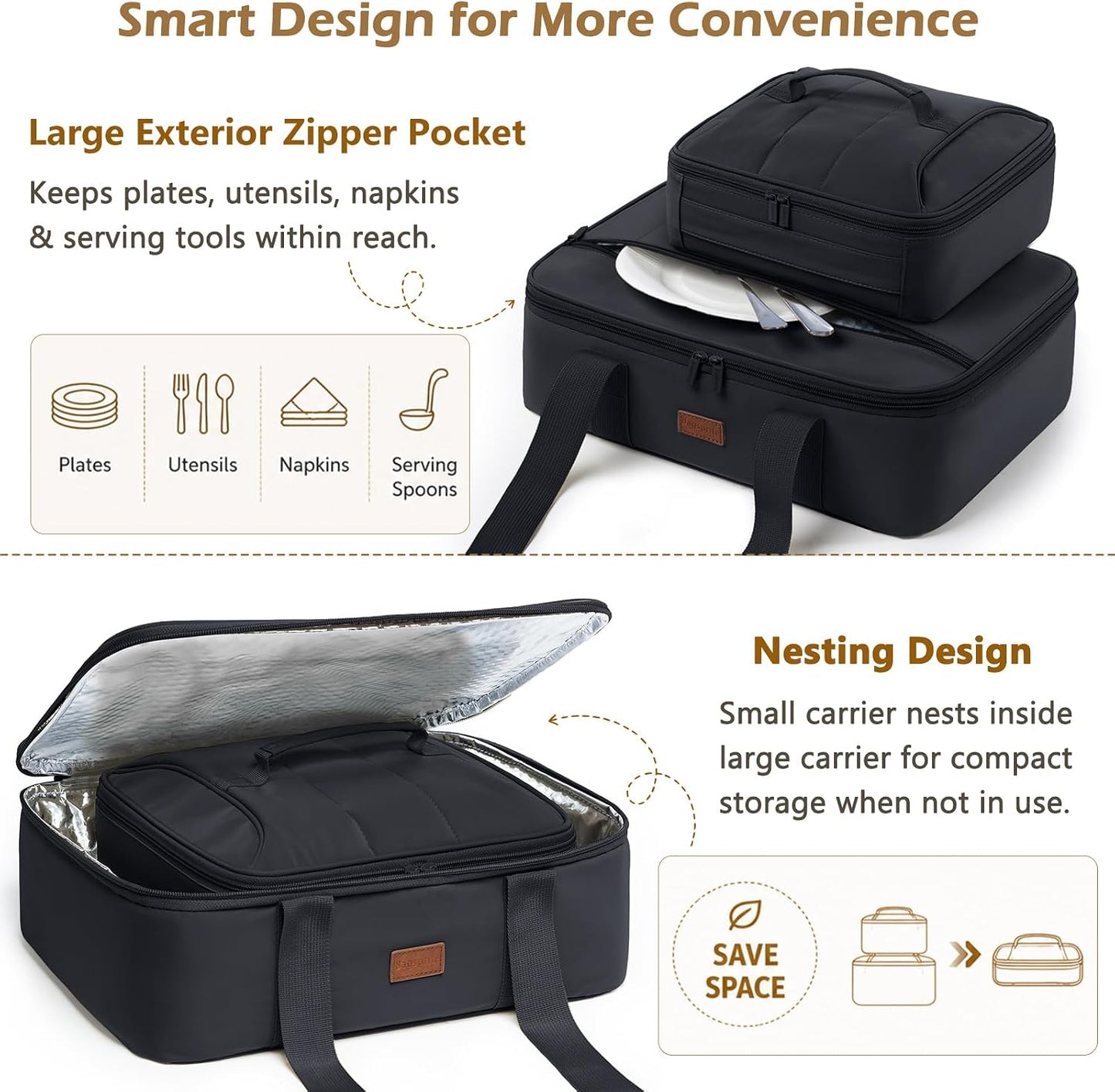 2-Piece Insulated Casserole Carrier Set, Fits 9" x 13" Baking Dish, Food Transport Carrier for Hot & Cold Dishes, Reusable Potluck Tote for Thanksgiving, Holiday Parties, Family Gatherings & Travel
